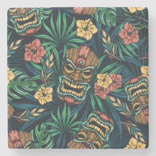 Hawaiianische Tiki-Maske Tropisches Muster Steinuntersetzer