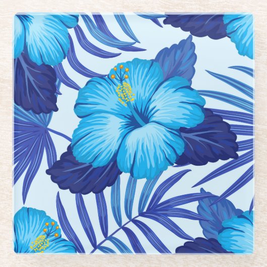 Hawaiianische tropische Pflanze, Hibiskus Muster. Glasuntersetzer (Vorderseite)