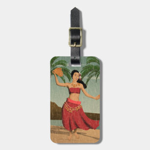 Hawaiianische Vintage-Hula-Tänzerin auf einer abge Gepäckanhänger