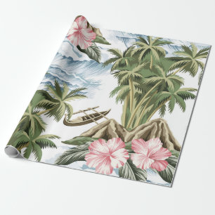 Hawaiianische Vintage-Insel, Palme, Boot, rosa Geschenkpapier