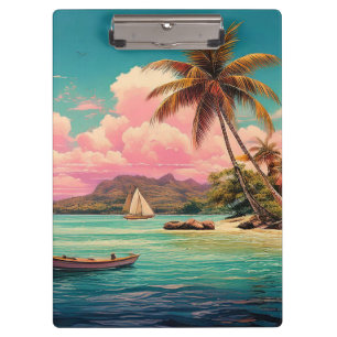 Hawaiianische Vintage-Insel, Palme, Boot, rosa Klemmbrett
