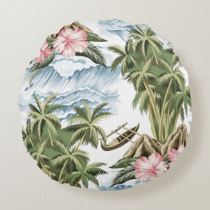 Hawaiianische Vintage-Insel, Palme, Boot, rosa Rundes Kissen