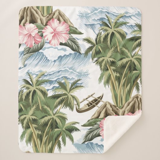 Hawaiianische Vintage Insel, Palme, Schiff, rosa Sherpadecke (Vorderseite)