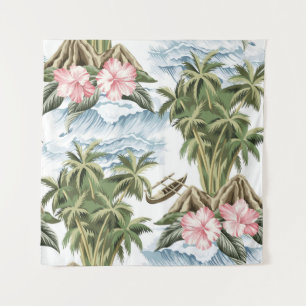 Hawaiianische Vintage Insel, Palme, Schiff, rosa Wandteppich