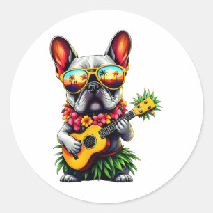 Hawaiianischer Bulldog & Ananas Ukulele Su Runder Aufkleber