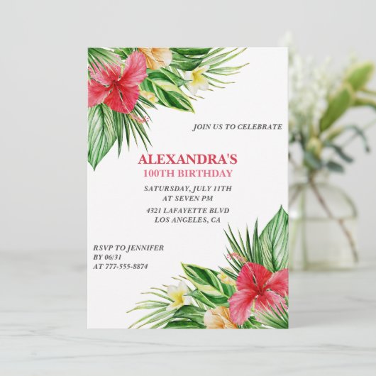 Hawaiianischer Hibiskus zum 100. Geburtstag Einladung (Stehend Vorderseite)