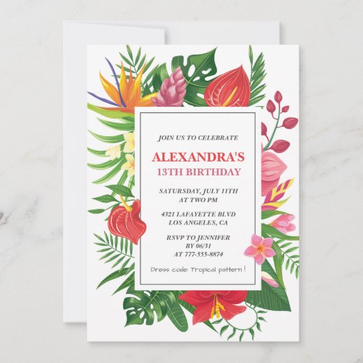 Hawaiianischer Hibiskus zum 13. Geburtstag Einladung (Vorderseite)
