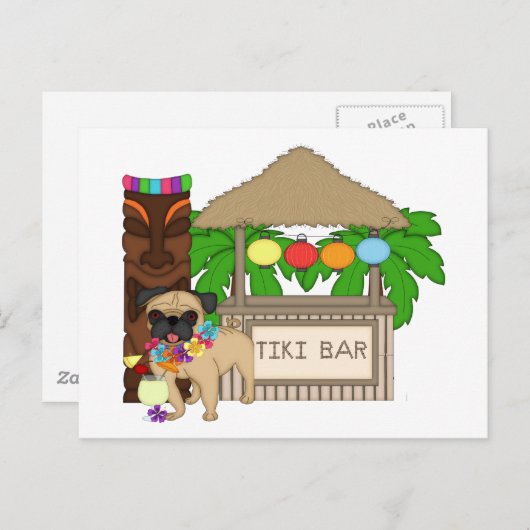 Hawaiianischer Mops bei Tiki Bar Anpassbare T-Shir Postkarte (Vorne/Hinten)