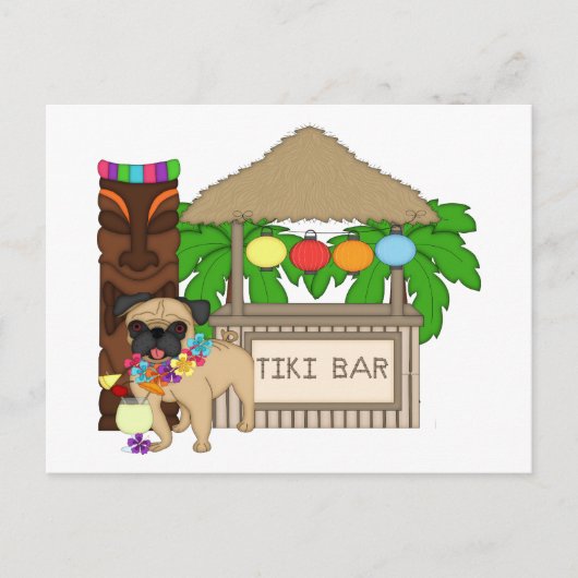 Hawaiianischer Mops bei Tiki Bar Anpassbare T-Shir Postkarte (Vorderseite)