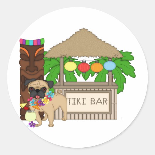 Hawaiianischer Mops bei Tiki Bar Anpassbare T-Shir Runder Aufkleber (Vorderseite)