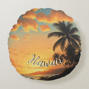 Hawaiianischer Reiseküsten-Sonnenuntergang im Vint Rundes Kissen