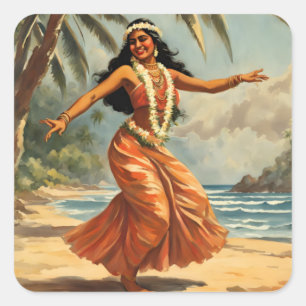 Hawaiianischer Reisender im Vintage-Stil Hula-Mädc Quadratischer Aufkleber