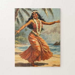Hawaiianischer Reisestil Hula-Mädchen Tanz im Vint Puzzle