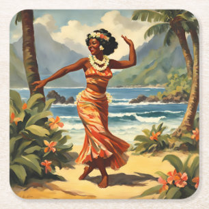 Hawaiianischer Reisestil Hula-Mädchen Tanz im Vint Rechteckiger Pappuntersetzer