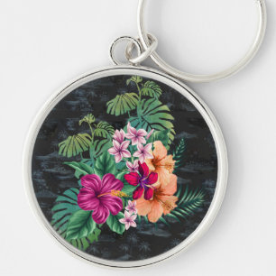 Hawaiianischer Retro-Hibiskus und Plumeria Schlüsselanhänger