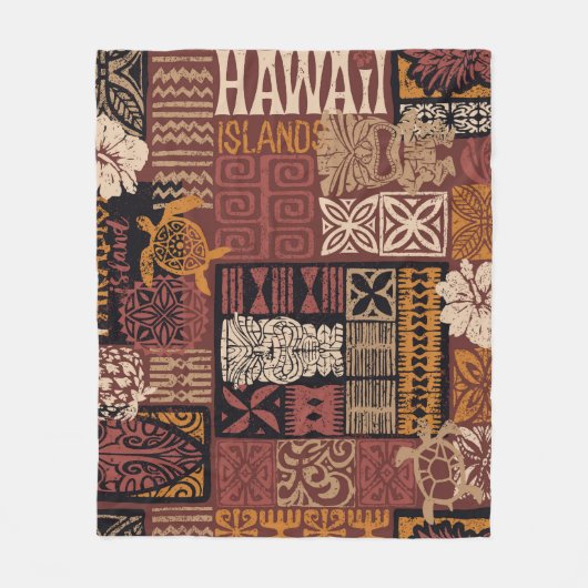 Hawaiianischer Stamm: Vintages Fabric-Patchwork Fleecedecke (Vorderseite)
