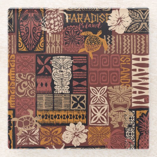 Hawaiianischer Stamm: Vintages Fabric-Patchwork Glasuntersetzer (Vorderseite)