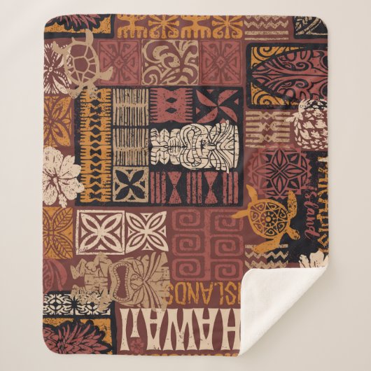Hawaiianischer Stamm: Vintages Fabric-Patchwork Sherpadecke (Vorderseite)