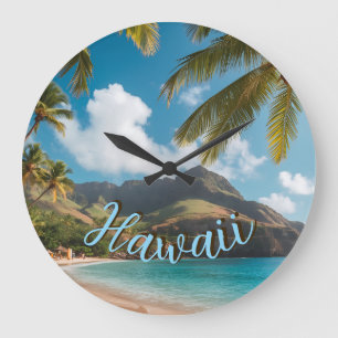 Hawaiianischer Stil Vintage Blaue Meerespalmen Him Große Wanduhr