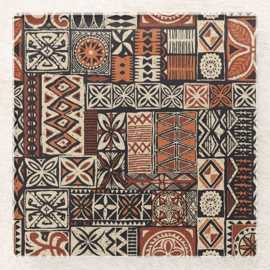 Hawaiianischer Tapa: Tribaler Patchwork Glasuntersetzer (Vorderseite)