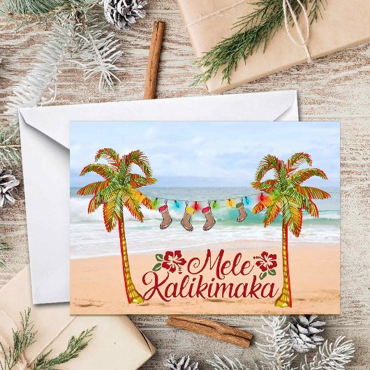 Hawaiianischer Weihnachtsstrand mit bunten Palmen Karte