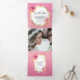 Hawaiianisches tropisches Aquarellgold Blume Rosa  Dreifach Gefaltete Karte