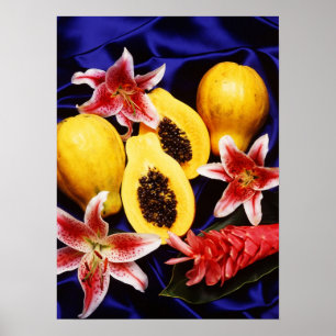 Hawaiische Papayas mit Lilien u. Blumen des roten Poster