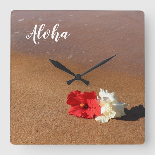 Hawaiische Strand-Hibiskus-Wand-Uhr Quadratische Wanduhr (Vorderseite)