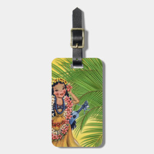 Hawaiischer Tänzer mit Gras-Rock-und Palme Gepäckanhänger
