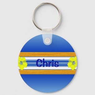 Hawaiisches Hibiskus-Blau-Surfbrett Schlüsselanhänger