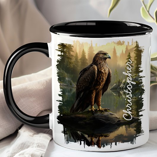 "Hawk by Forest Lake Reflection" Tasse