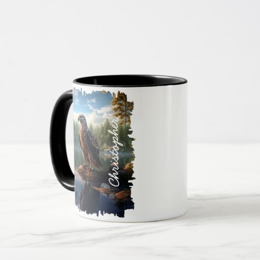Hawk by Mountain Lake Reflektion Tasse (Vorderseite Links)