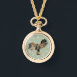 Hawk Flapping Wings Aquarellbilder Armbanduhr<br><div class="desc">Handgemalte Aquarellmalerei von Harris's Hawk. Auch bekannt als Lorbeerhawk oder Duskyhawk. Er ist am Rand des Baumzweiges,  der seine Flügel öffnet,  hochgeklappt. Das hier wurde auf warmem,  gepresstem Papier gemalt.</div>