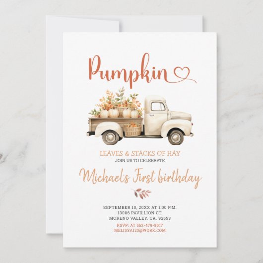 Hay Blätter Pumpkin Fall Birthday Party White Truc Einladung (Vorderseite)