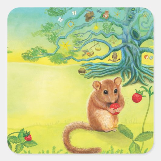 Hazel Dormouse Eating Wild Strawberry Quadratischer Aufkleber (Vorderseite)