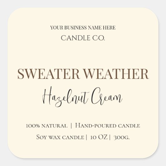 Hazelnut Cream | Cozy Neutral Soy Candle Label Quadratischer Aufkleber (Vorderseite)