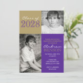 Hazelnut Gold & Lila Classic 2 Foto Abschluss Einladung (Stehend Vorderseite)