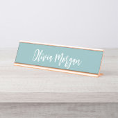 Hazy Aqua Sketched Cursive Script Schreibtischnamensplakette (Vorderseite )