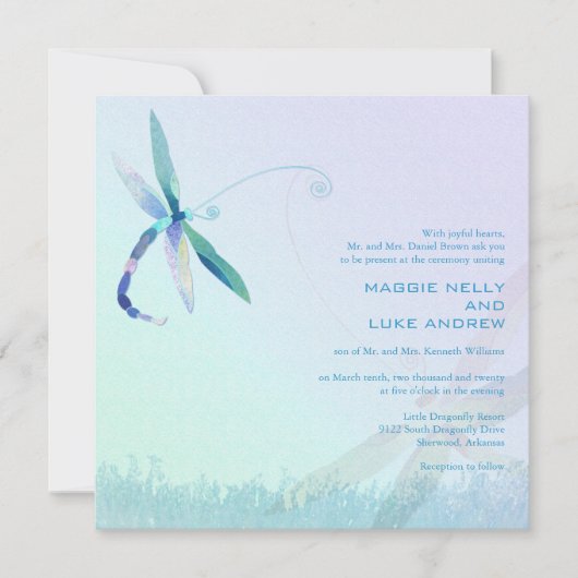 Hazy Morning Blue Dragonfly Wedding Einladung (Vorderseite)