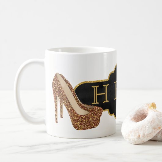 HBIC Chef-Dame| Chic-Schwarz-GoldGlitzer-Schuhe Kaffeetasse (Mit Donut)