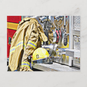 HDR-Feuerwehrmann-Gang und Löschfahrzeug Postkarte