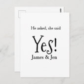He asked she said yes engagement party name simple postkarte (Vorne/Hinten)