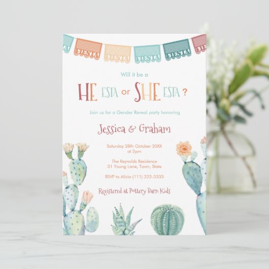 He-Esta She-ESTA Gender Reveal Baby Shower Fiesta Einladung (Stehend Vorderseite)