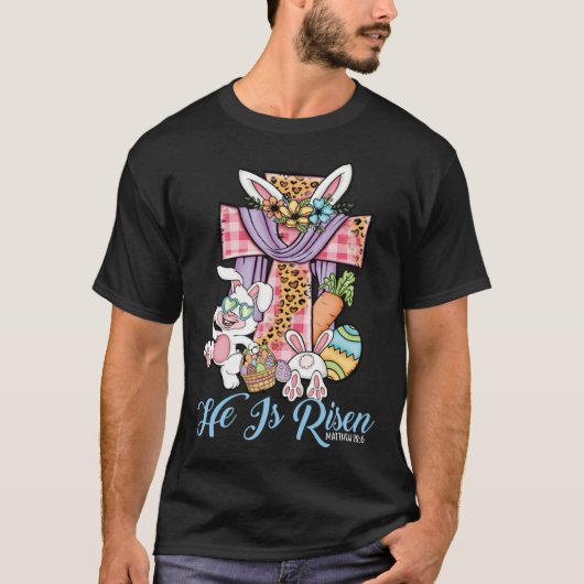 He is Risen Kids Leopard Cross Bunny Happy Easter  T-Shirt (Vorderseite)