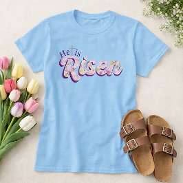 He Is Risen Purple Floral Script Christian Easter  T-Shirt