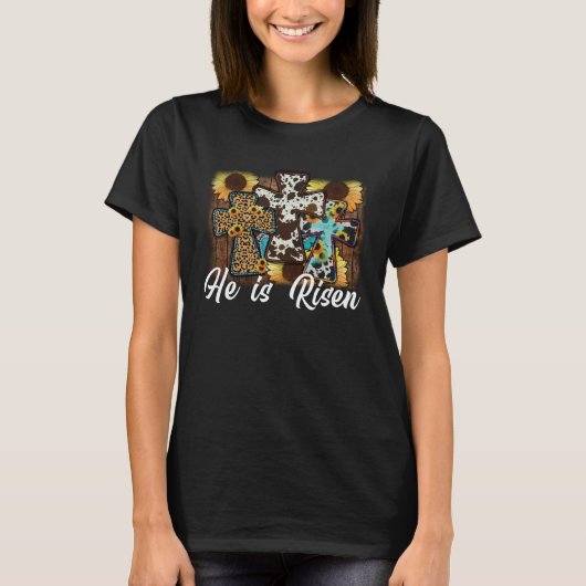 He is Risen Sunflower Leopard Cross Happy Easter D T-Shirt (Vorderseite)