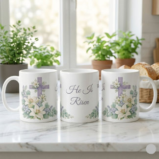He Is Risen Watercolor Floral Cross Easter 2026  Kaffeetasse