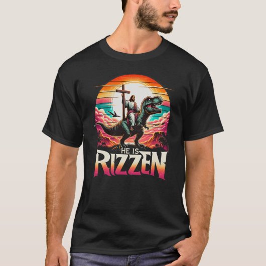He Is Rizzen Jesus Has Rizzen Retro Christian Dino T-Shirt (Vorderseite)
