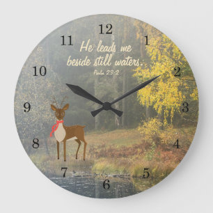He Leads Me Beside Still Waters, Deer by the Water Große Wanduhr