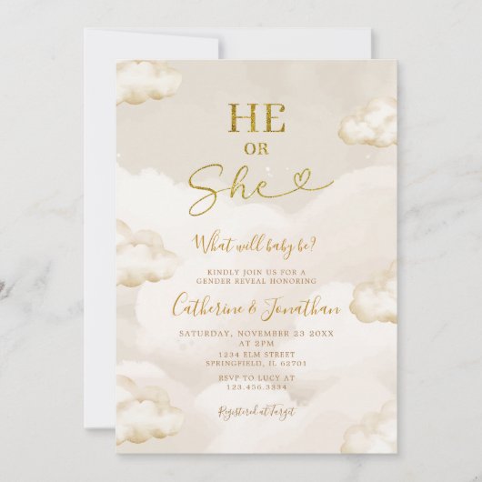 He Or She Boho Beige Clouds Gold Gender Reveal Einladung (Vorderseite)